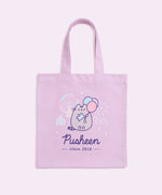 A purple canvas bag with pink, blue, purple, white, and grey, printed graphic ties on a flat background.