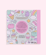 Back cover of the Coloring Cuteness: A Pusheen Coloring & Activity Book. The mint-colored background has a pattern of pastel graphics of Pusheen climbing an ice cream cone, Pusheen as a ghost, Pusheen as a strawberry milk carton, a teapot, candy, and more. The book has a light pink spine and contains a description of activities and coloring pages you’ll find inside the book. Print on the bottom of the cover is the publisher, a UPC code, and pricing information.