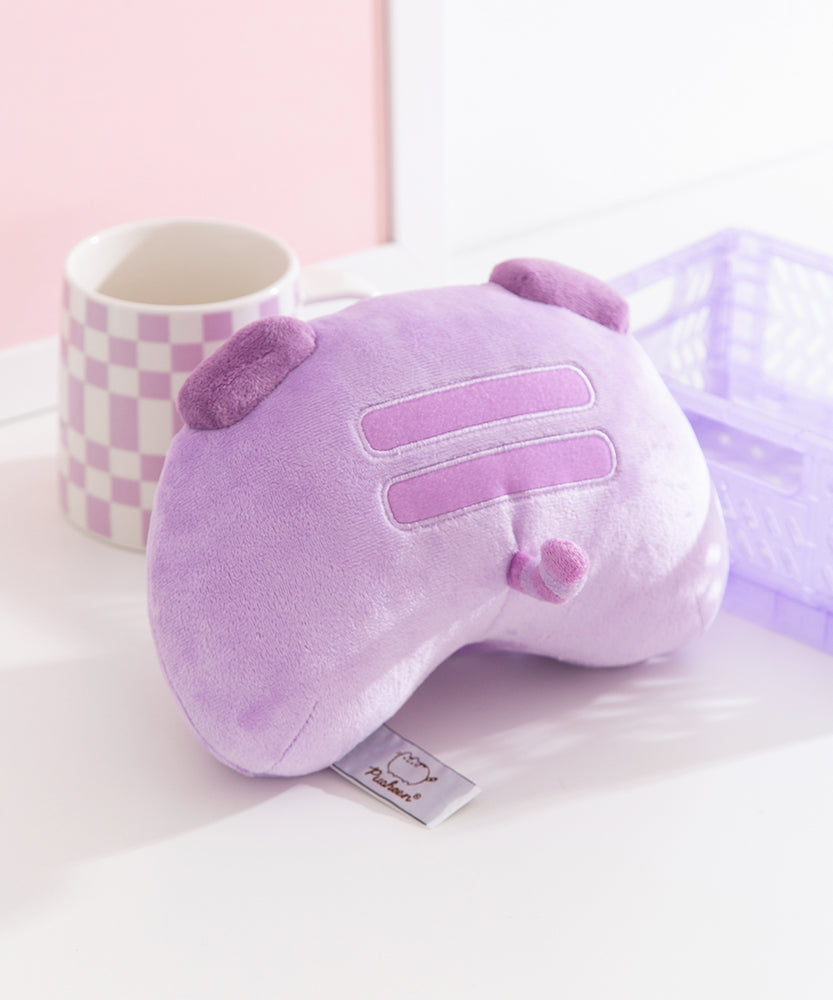 Back view of the Gaming plush. Pusheen's classic back stripes are embroidered on the back of the plush while her purple and light purple curled tail sticks out of the back of the plush. 