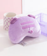 Back view of the Gaming plush. Pusheen's classic back stripes are embroidered on the back of the plush while her purple and light purple curled tail sticks out of the back of the plush. 