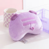 Back view of the Gaming plush. Pusheen's classic back stripes are embroidered on the back of the plush while her purple and light purple curled tail sticks out of the back of the plush. 