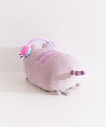 Back view of the gaming pusheen log plush. The cat's purple and gray striped tail can be seen extending off the back of the plush as well as two tiny grey paws behind the plush.