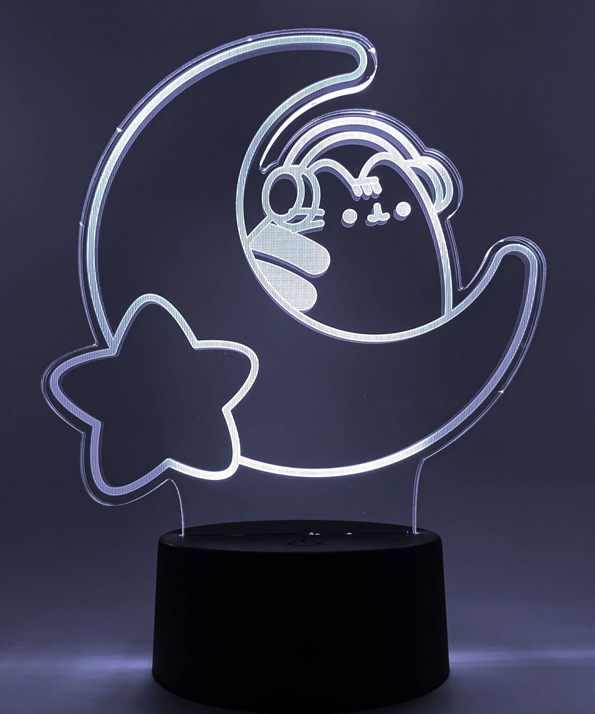 White neon light shaped with a crescent moon, star, and Pusheen the Cat wearing headphones.