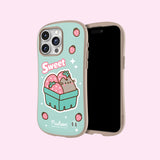 Back view of the mint green strawberry-themed iPhone 15 Pro Max phone case. Pusheen the Cat sits in a strawberry container with pink strawberries and white sparkles sprinkled around the background. 