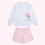 Light blue sweatshirt with Pusheen the Cat character printed on the wearer's left side. The pink shorts in the set have an all over print of Pusheen with pastel balloons. 