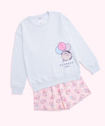 Light blue sweatshirt with Pusheen the Cat character printed on the wearer's left side. The pink shorts in the set have an all over print of Pusheen with pastel balloons. 