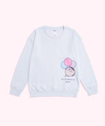 Lying on a background, the Pusheen Pajama Sweatshirt is shown in full. The relaxed-fit light blue sweatshirt gray tee has a printed graphic of Pusheen on the wearer's left side. 