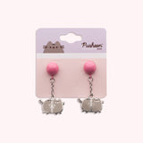 Pusheen the Cat earrings attached to a pink and purple backer card. The grey cat has darker gray stripe details on the cat body while the balloons ties and Pusheen's eyes, mouth, and whiskers and the same silver as the outline.