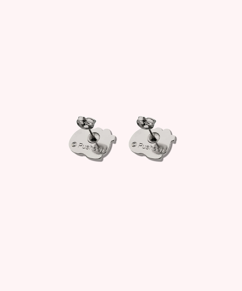 Back view of the Pusheen Stud Earrings. The Pusheen logo is shown on the back of the silver earrings. 