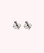 Back view of the Pusheen Stud Earrings. The Pusheen logo is shown on the back of the silver earrings. 