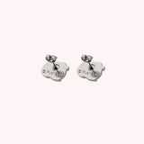 Back view of the Pusheen Stud Earrings. The Pusheen logo is shown on the back of the silver earrings. 