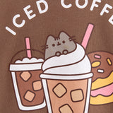Close-up view of the coffee graphic tee. The phrases surrounded Pusheen the Cat in a white font are "Iced Coffee Everyday"