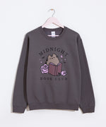 Gray sweatshirt with Midnight Book Club text and Pusheen the Cat hanging on a hanger on a white background.