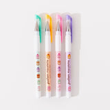 Set of four Pusheen Pens. The set includes green, orange, pink, and purple barreled pens with graphics of Pusheen Sweets including cherry, mocha, lavender, chocolate, matcha, and vanilla. 