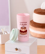 Sweets Travel Mug with the screw-top lid next to the cup. The light pink interior color matches the exterior pink color. 