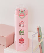 Back view of Pusheen Water Bottle. Down the back in a straight vertical line are graphics of Pusheen the Cat transformed into pastel-colored macarons.