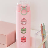 Back view of Pusheen Water Bottle. Down the back in a straight vertical line are graphics of Pusheen the Cat transformed into pastel-colored macarons.