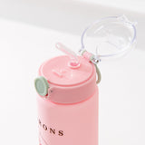 Close-up view of the flip-top lid. The pink screw top has a mint green button to that pops open the clear lid.