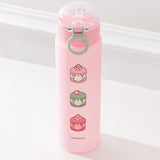 Pink pusheen water bottle is a vertical graphic down the center back of the Sweets Water Bottle. Pusheen transforms into light pink, white, green, and medium pink macarons. 