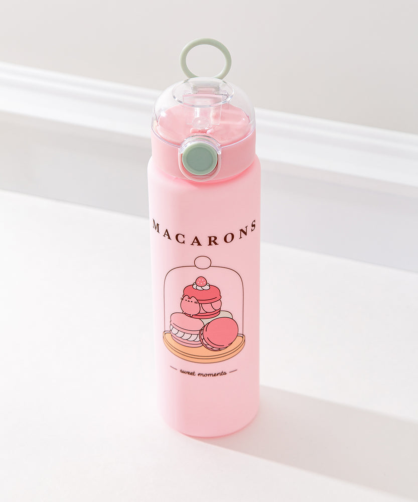 Top aerial view of the pusheen bottle. The large front graphic sits in the middle of the water bottle front. 