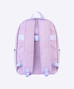The back view of the Pusheen backpack. The top carrying hoop and tightening buckles are a light purple color while the arm straps are a different purple color that matches the backpack itself. On the back of the backpack is a subtle triangle embroidery. 