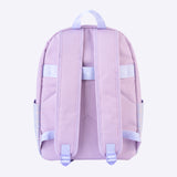 The back view of the Pusheen backpack. The top carrying hoop and tightening buckles are a light purple color while the arm straps are a different purple color that matches the backpack itself. On the back of the backpack is a subtle triangle embroidery. 
