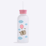 Front view of Pusheen Balloons Glass Water Bottle. The glass water bottle has a silicone finish that covers the clear bottle. Printed on the Pusheen water bottle is a graphic of Pusheen the Cat tied to a pink balloon and saying "hey" while floating through blue clouds.