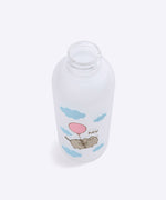 Aerial view of the clear silicone bottle opening. Printed on the Pusheen water bottle is Pusheen the Cat tied to a pink balloon while floating through blue fluffy clouds.