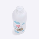 Aerial view of the clear silicone bottle opening. Printed on the Pusheen water bottle is Pusheen the Cat tied to a pink balloon while floating through blue fluffy clouds.