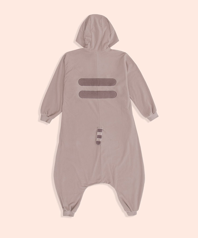 Full view of the back of the Pusheen Kigurumi Onesie. The back features two grey stripes in the center of the back, and a striped tail at the butt. 
