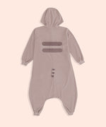 Full view of the back of the Pusheen Kigurumi Onesie. The back features two grey stripes in the center of the back, and a striped tail at the butt. 