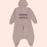 Full view of the back of the Pusheen Kigurumi Onesie. The back features two grey stripes in the center of the back, and a striped tail at the butt. 