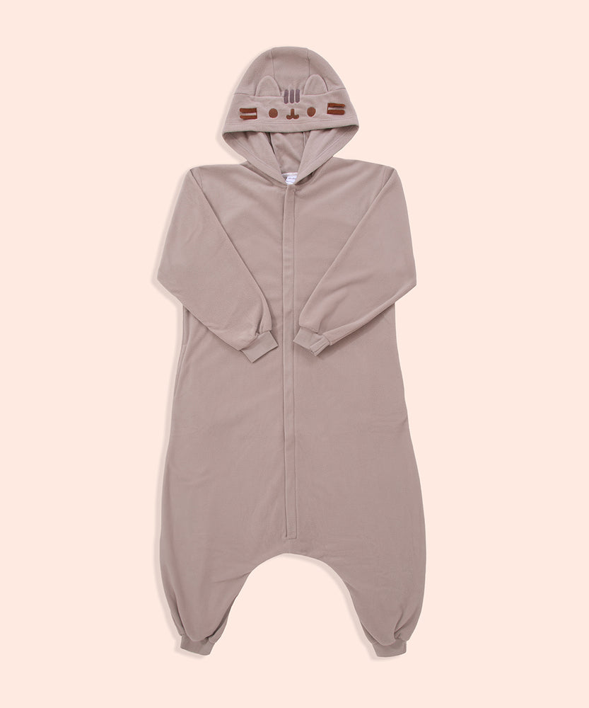 Full view of the front of the Pusheen Kigurumi Onesie. The onesie is a soft grey material that features Pusheen's face embroidered in grey and brownon the hood. The zipper starts at the neck and goes does to the wearer’s calves. 