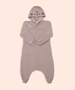 Full view of the front of the Pusheen Kigurumi Onesie. The onesie is a soft grey material that features Pusheen's face embroidered in grey and brownon the hood. The zipper starts at the neck and goes does to the wearer’s calves. 