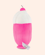 Back view of the Pusheen Fruits Fruit Parfait Plush. The bottom two-thirds of the plush is a hot pink color that tapers to a smaller base while the top portion of the plush of is a swirl of a fuzzy whipped plush topping. 