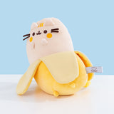 Quarter side view of the two-toned yellow Pusheen plush. The plush shows Pusheen the Cat as a banana with its peel halfway down to expose the fruit.
