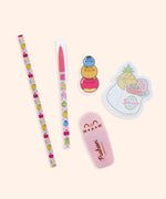 Front view of the enclosed Pusheen Fruits Stationery Set. The items in the set are encased in a clear and pink plastic resealable pouch with a graphic of Pusheen the Cat as various colorful Fruits including grapes, strawberry, peach, cherry, pear, orange, and apple.