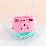 Pusheen Fruits Watermelon plush sits inside a white metal carrying basket. The pink and green plush has brown and darker pink embroidery details.  