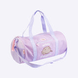 Front view of the Pusheen Gym Bag. The purple travel bag has two top handles and a detachable adjustable straps for carrying options. 