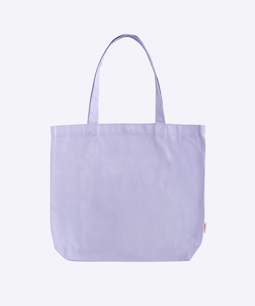 Back view of Pusheen Heart Deluxe Tote Bag. The purple tote bag has purple handles that are attached to the opening of the bag.