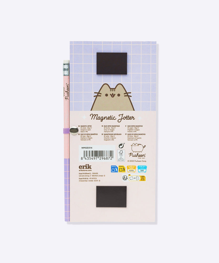 Back view of the Pusheen Magnetic Shopping List Notepad. The pink and purple cardboard backer card has two magnetic strips to ensure a strong hold. One magnet is near the top of the rectangular notepad while one magnet is near the bottom. 