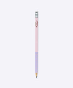 Close-up of the included pencil that comes with the notepad. The two-toned pink and purple pencil has a grid pattern near the sharpened edge and an eraser on the other end. 
