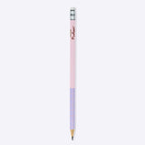 Close-up of the included pencil that comes with the notepad. The two-toned pink and purple pencil has a grid pattern near the sharpened edge and an eraser on the other end. 