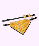 Pusheen Halloween Candy pet collar and bandana set in packaging that states that the set are seasonal collars. The bowtie and bandana graphics are displayed at the front. 