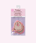 Back view of the packaging holding the Pushen car air fresheners. The back includes product information and Pusheen and Studio Oh branding. 