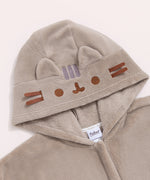 Close-up of the hood on the Kigurumi onesie. Pusheen's ears and whiskers are 3D while her head stripes, eyes, and mouth are embroidered in gray and brown.
