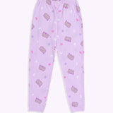 Pusheen Twilight Pajama bottoms lie on a flat surface. The jumping cat is printed all over the lounge bottoms.