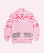 Front view of the Pusheen Unisex Knit Cardigan. The knit cardigan features Pusheen the Cat with diamond and heart patterns at the top of the cardigan and down the sleeves on the front and the back.  