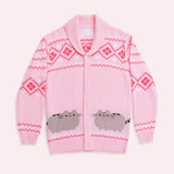 Front view of the Pusheen Unisex Knit Cardigan. The knit cardigan features Pusheen the Cat with diamond and heart patterns at the top of the cardigan and down the sleeves on the front and the back.  