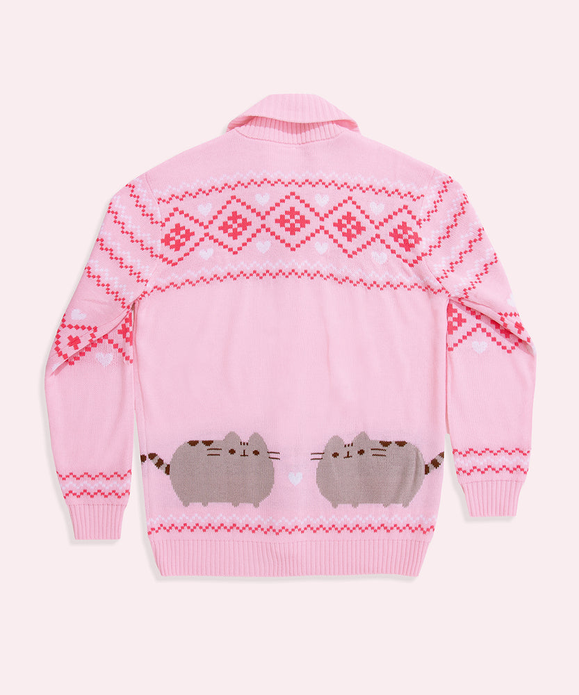 Back view of the Pusheen Cardigan. The dark pink and white diamond and heart pattern continues on the back of the shoulders of the cardigan and down the sleeves. The folded lapel features continues on the back collar of the cardigan. 